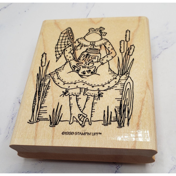 Stampin Up Frog On Log Selling Fresh Flies Scene Wood Mounted Rubber Stamp - Picture 1 of 7